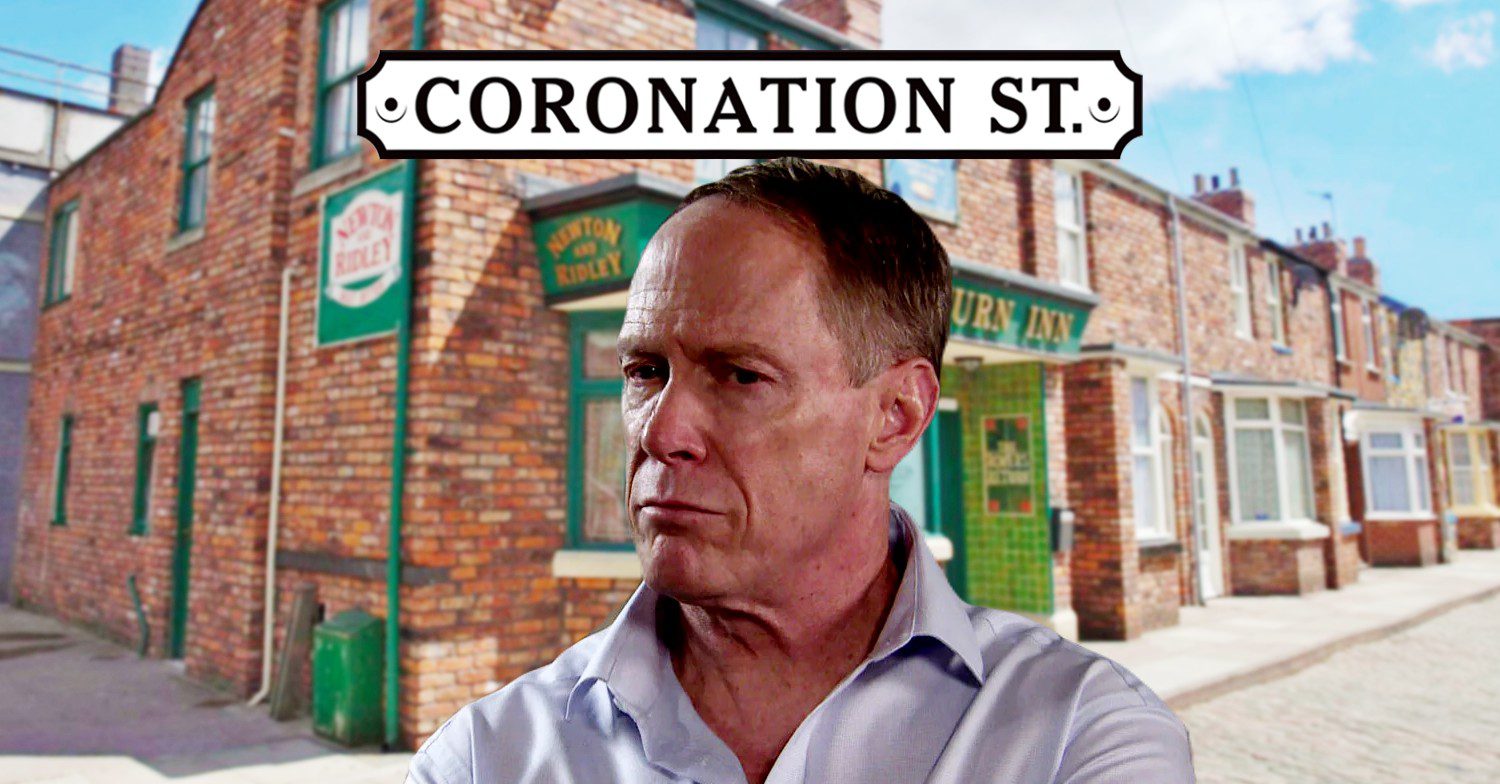 Stephen looking sinister on Corrie; inset, Rovers background and soap logo (Credit: ITV/Composite: ED!)
