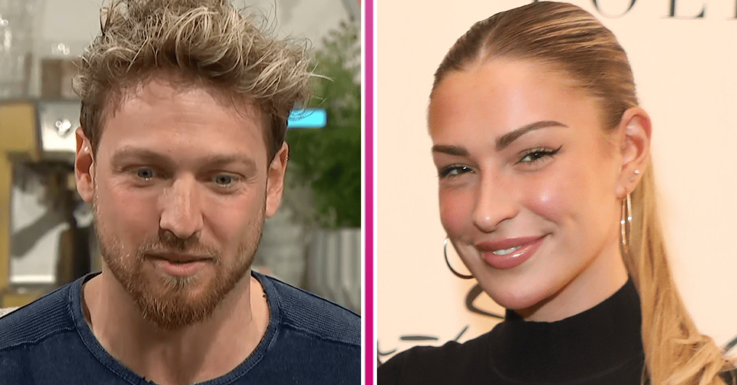 Sam Thompson and Zara McDermott separated by a pink line