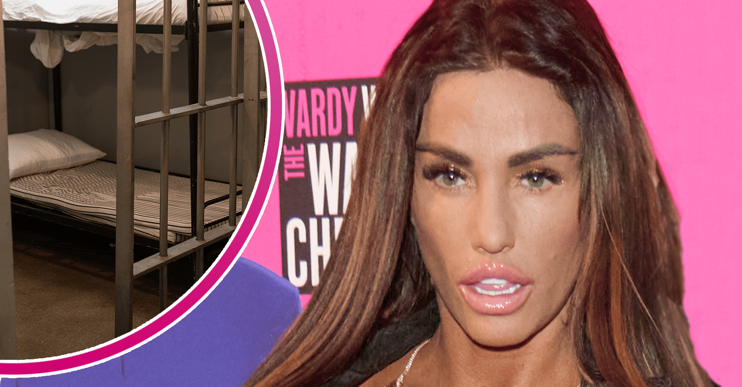 Katie Price on the red carpet and a prison cell inset