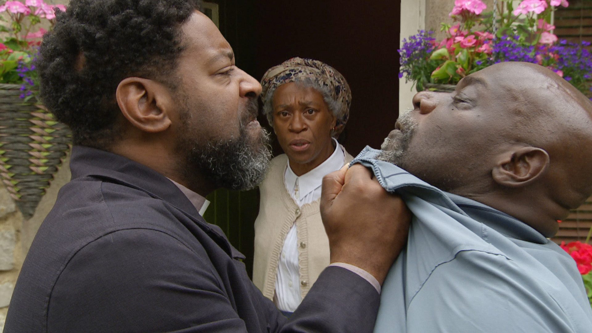 Charles and Victor have an angry altercation as Claudette watches on in Emmerdale