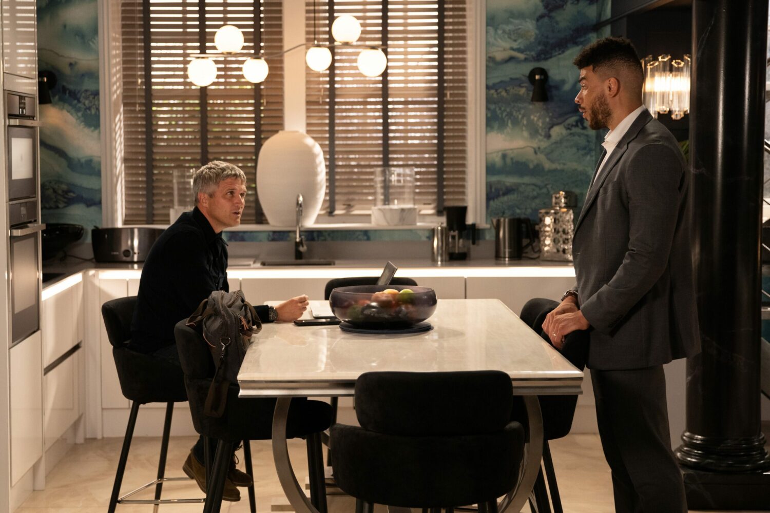 Caleb and Nate at a posh restaurant on Emmerdale