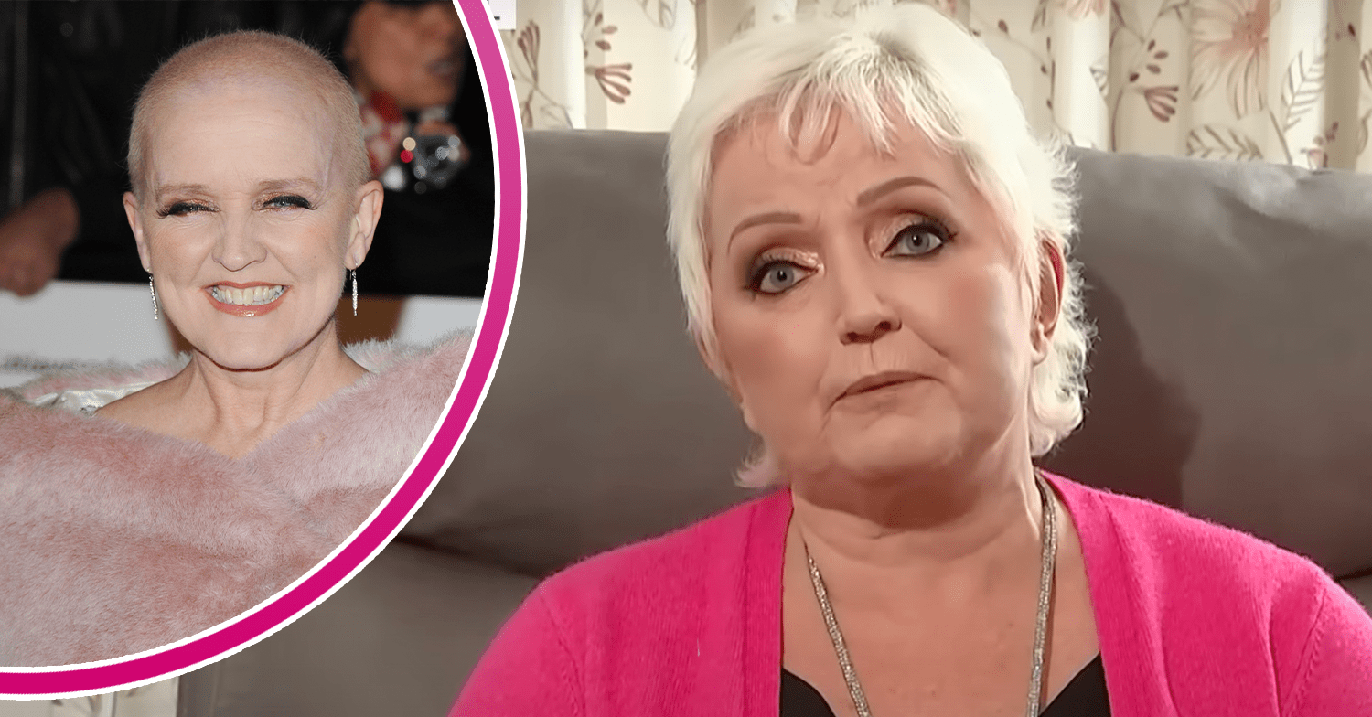Linda Nolan in a pink top and Bernie Nolan inset with a bald head