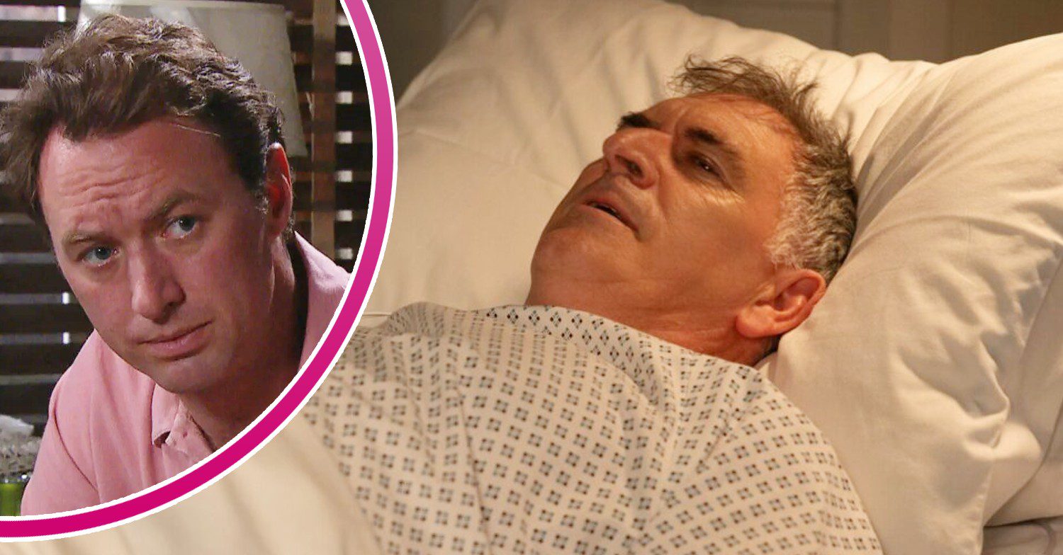 Bob looking weary in hospital bed on Emmerdale; inset, Liam looks guilty (Credit: ITV/Composite: ED!)