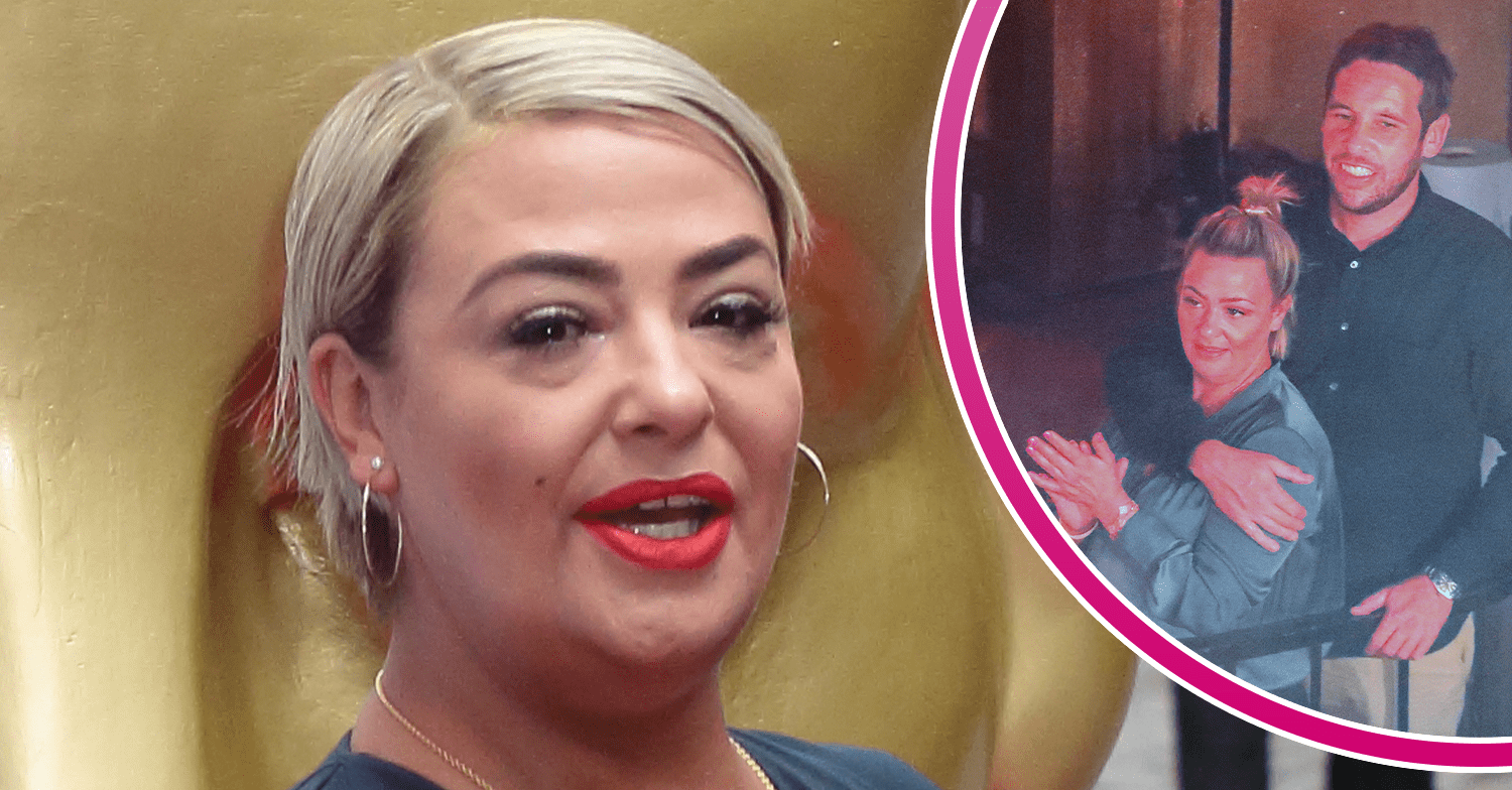 Lisa Armstrong in bright red lipstick and cuddling boyfriend James