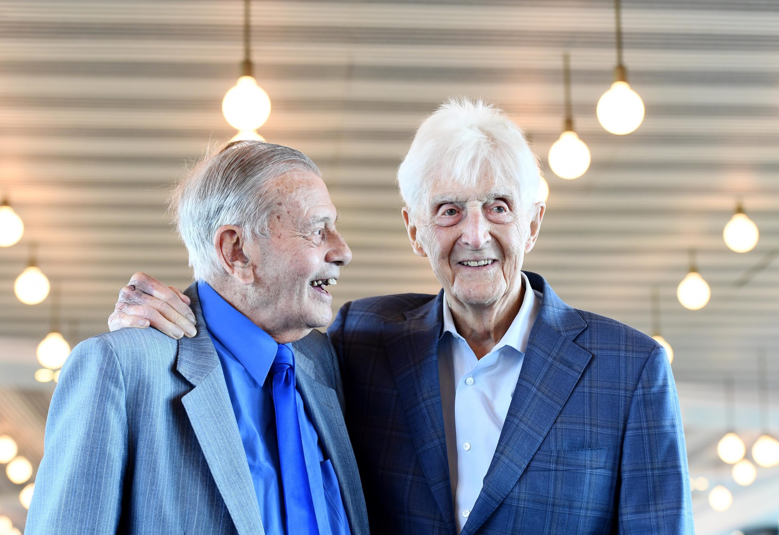 Dickie Bird poses with Veteran Broadcaster Sir Michael Parkinson on his 90th Birthday