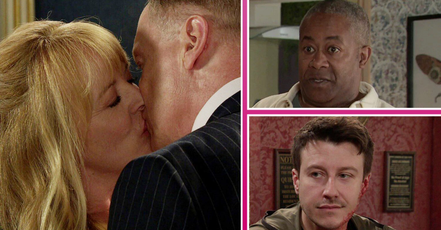 Composite of Coronation Street characters; Stephen and Jenny kissing, Ronnie looking shocked, Ryan looking secretive (Credit: ITV/Composite: ED!)