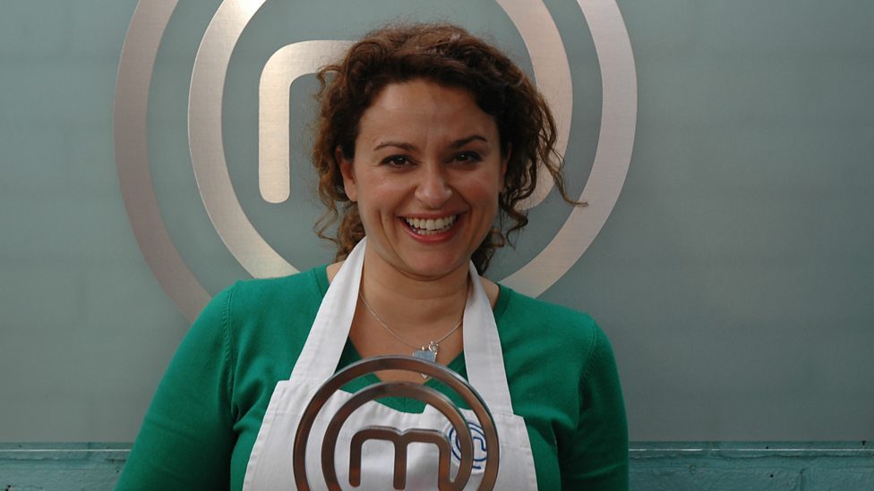 Nadia Sawalha smiling on Celebrity MAsterChef