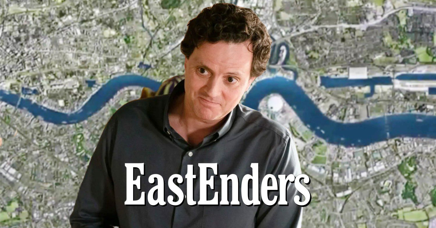 Theo looking creepy in EastEnders; Walford background and soap logo (Credit: BBC/Composite: ED!)