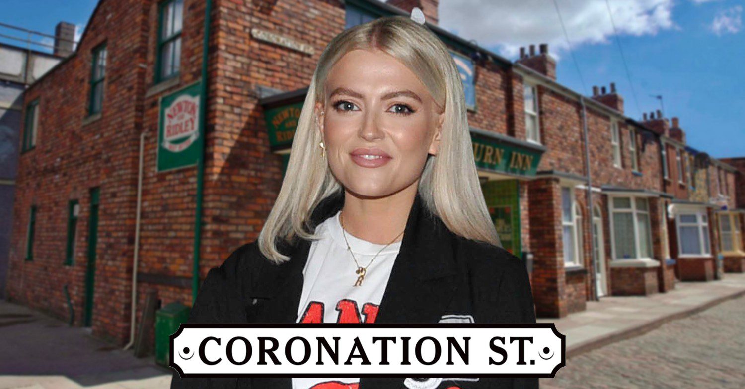 Lucy Fallon smiling in front of Coronation Street background