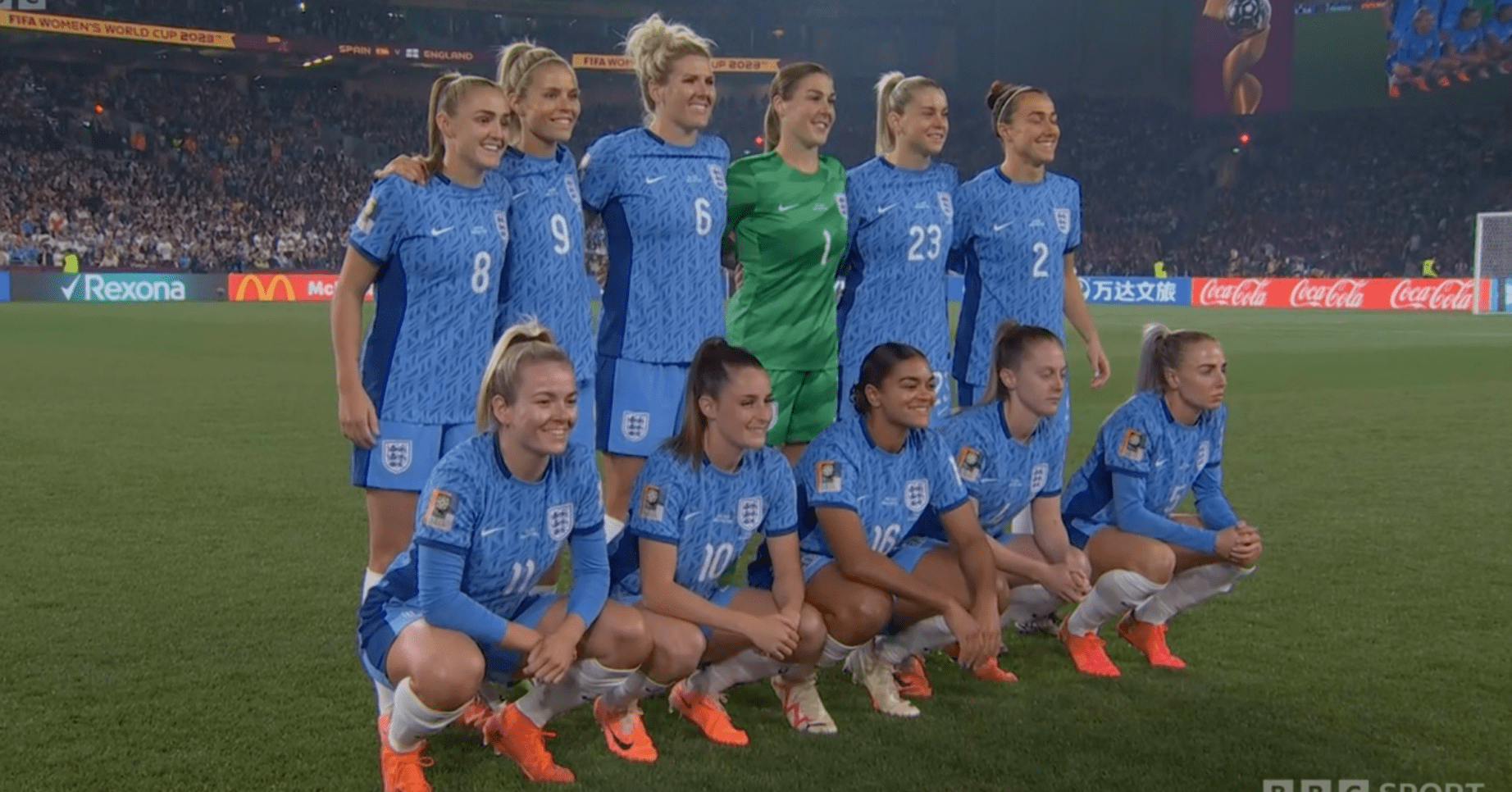 Lionesses lined up in a blue kit