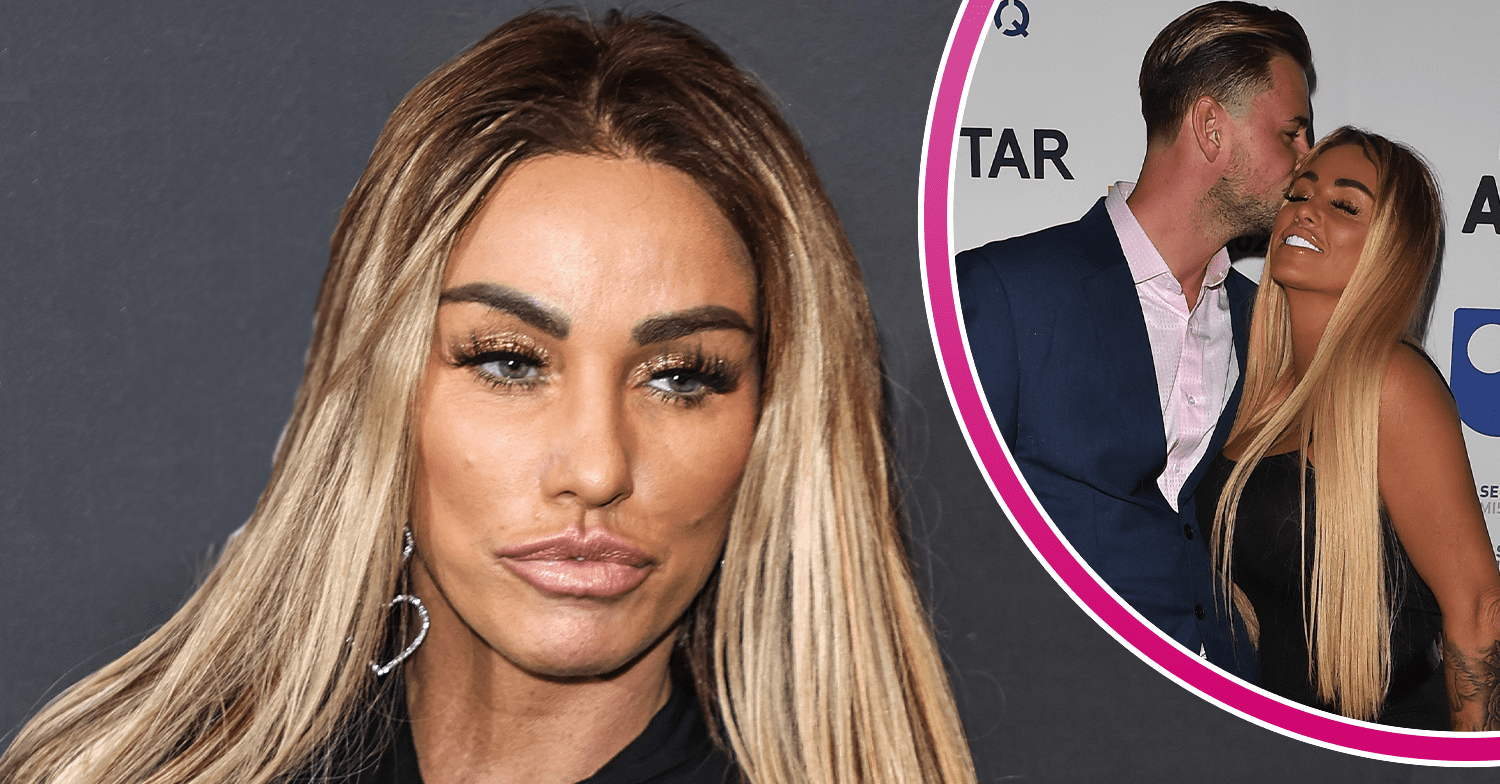 Katie Price posing on the red carpet and kissing Carl Woods inset