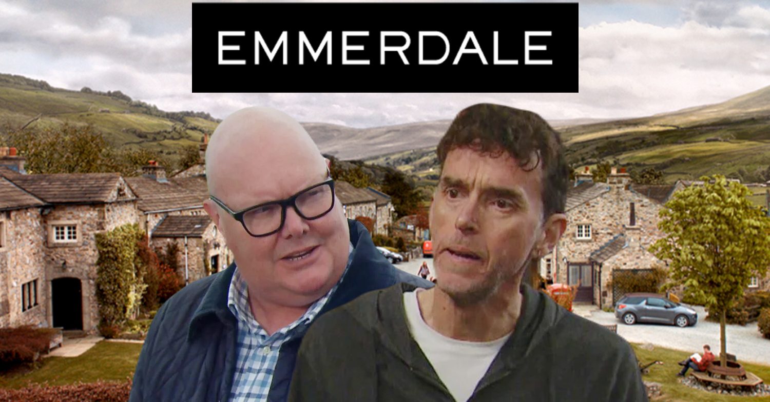 Emmerdale's Paddy, Marlon, the Emmerdale logo and background of the Dales