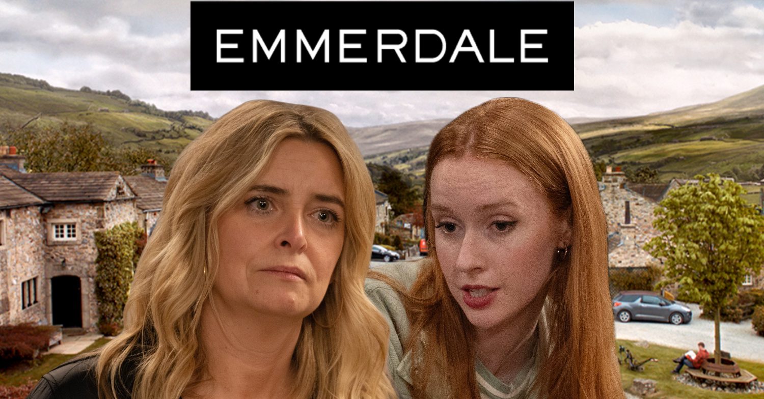 Emmerdale's Charity, Chloe, the Emmerdale logo and background of the Dales