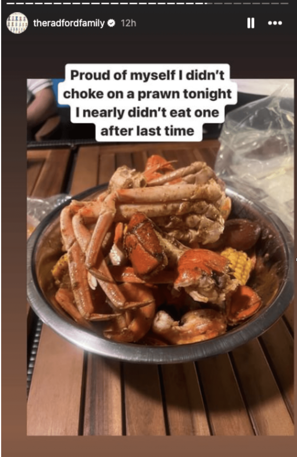 Bowl of prawns on Sue Radford's Instagram story