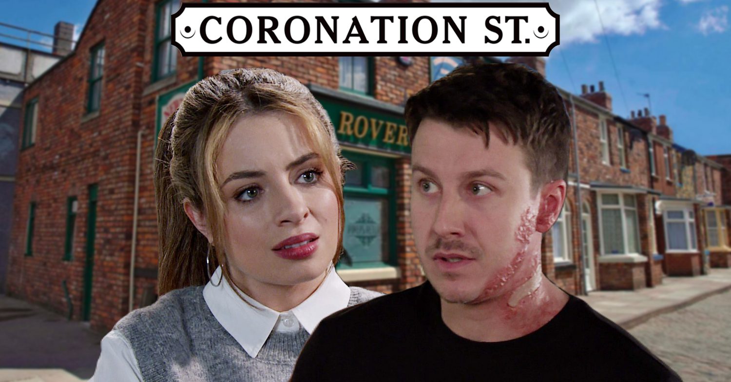 Coronation Street's Daisy, Ryan, the Coronation Street logo and background of the Rovers