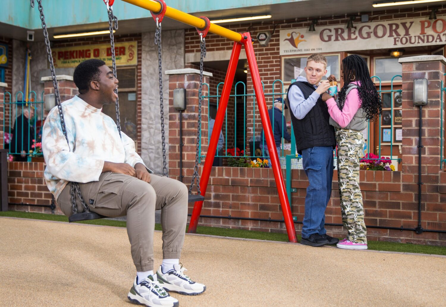 Coronation Street's Gav, Max and Sabrina are at the Precinct playground