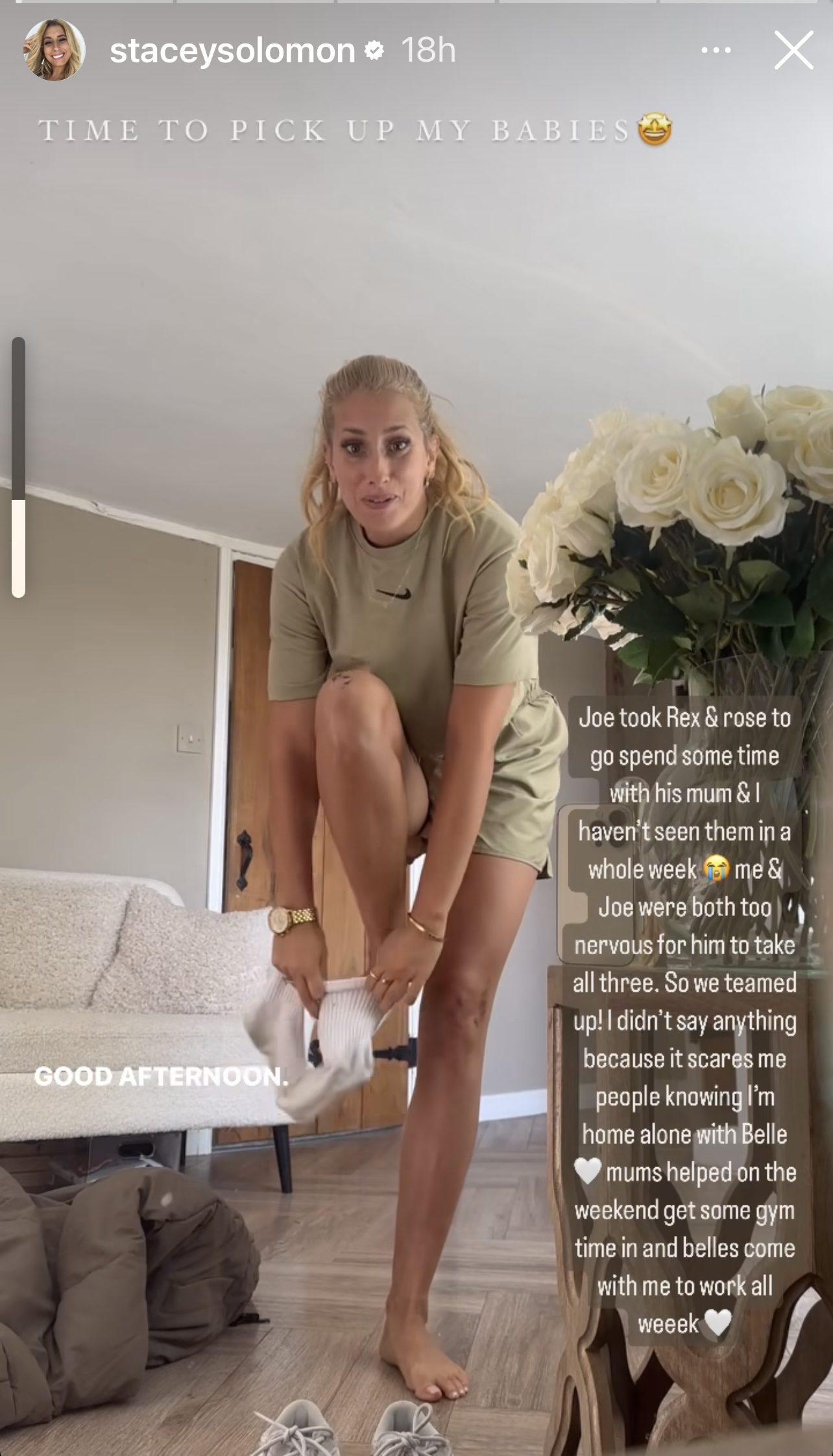 Stacey Solomon putting her shoes on 