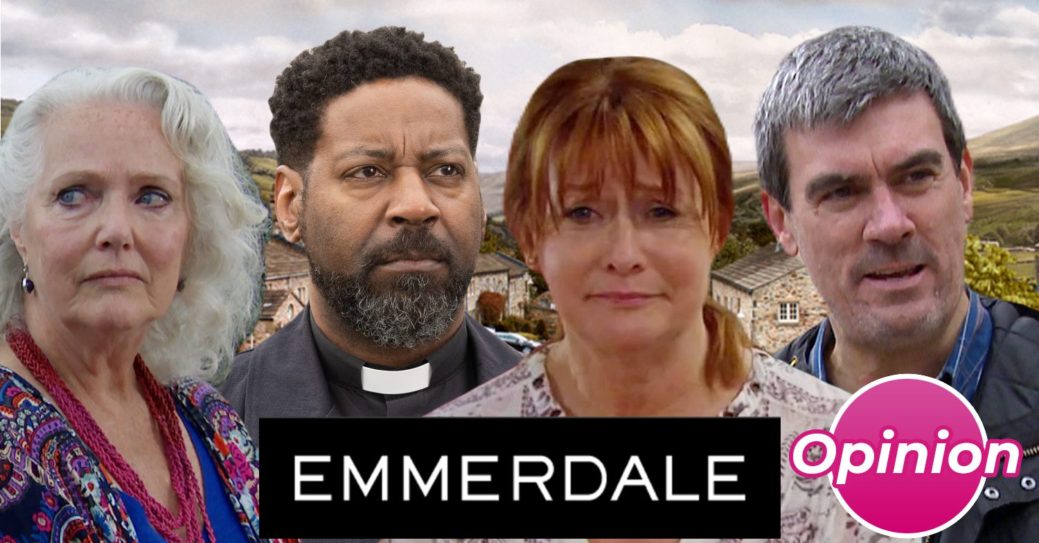 Emmerdale's Mary, Charles, Wendy, Cain, the Emmerdale logo, background of the Dales and an opinion bubble