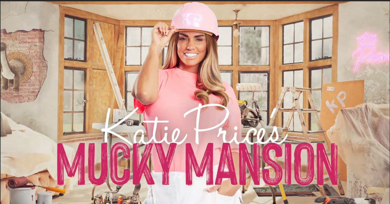 Katie Price in a pink top and hard hat on her Channel 4 show The Mucky Mansion