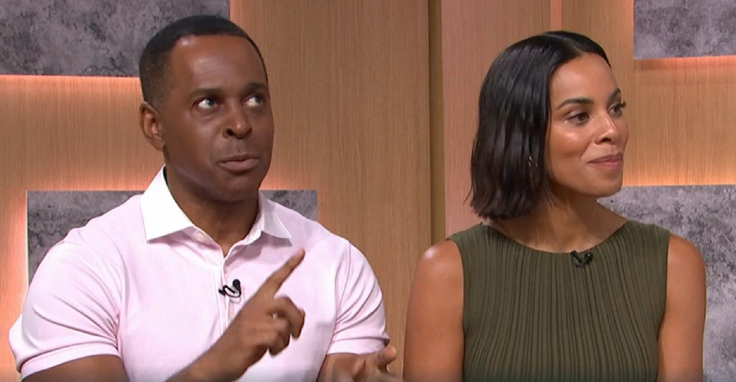 Presenter Andi Peters and Rochelle Humes sat talking on This Morning