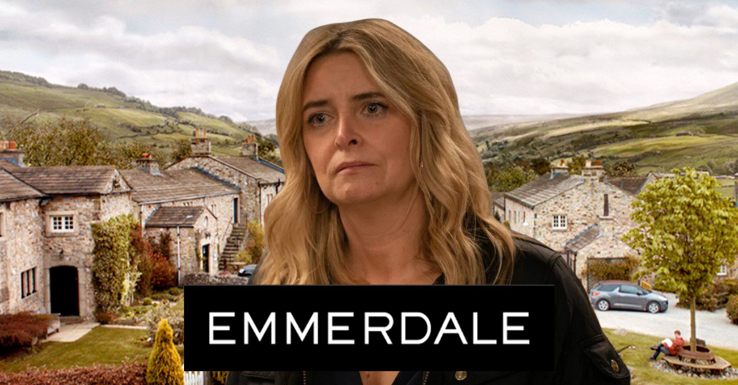 Charity looking upset in Emmerdale against soap logo and village background (Credit: ITV/Composite: ED!)
