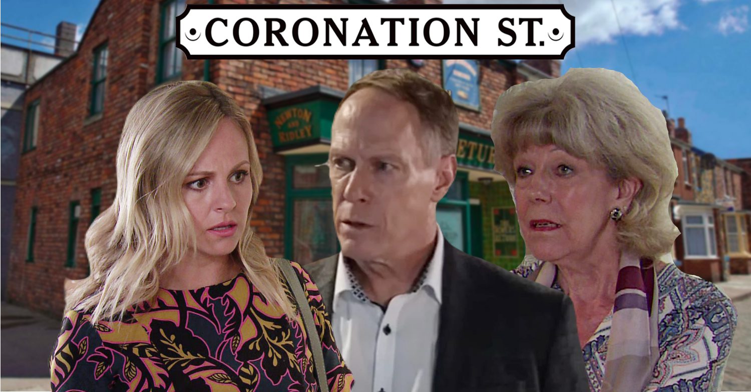 Coronation Street's Sarah, Stephen, Audrey, the Coronation Street logo and background of the Rovers