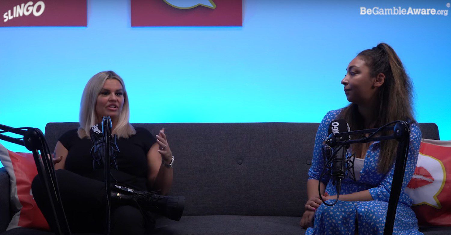 Singer Kerry Katona sat down talking into a microphone on Slingo's Getting Lippy Gossip Show 