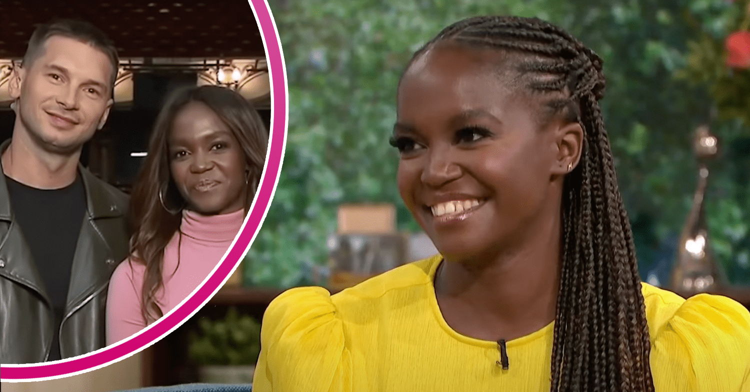 Oti Mabuse smiling and with her husband inset