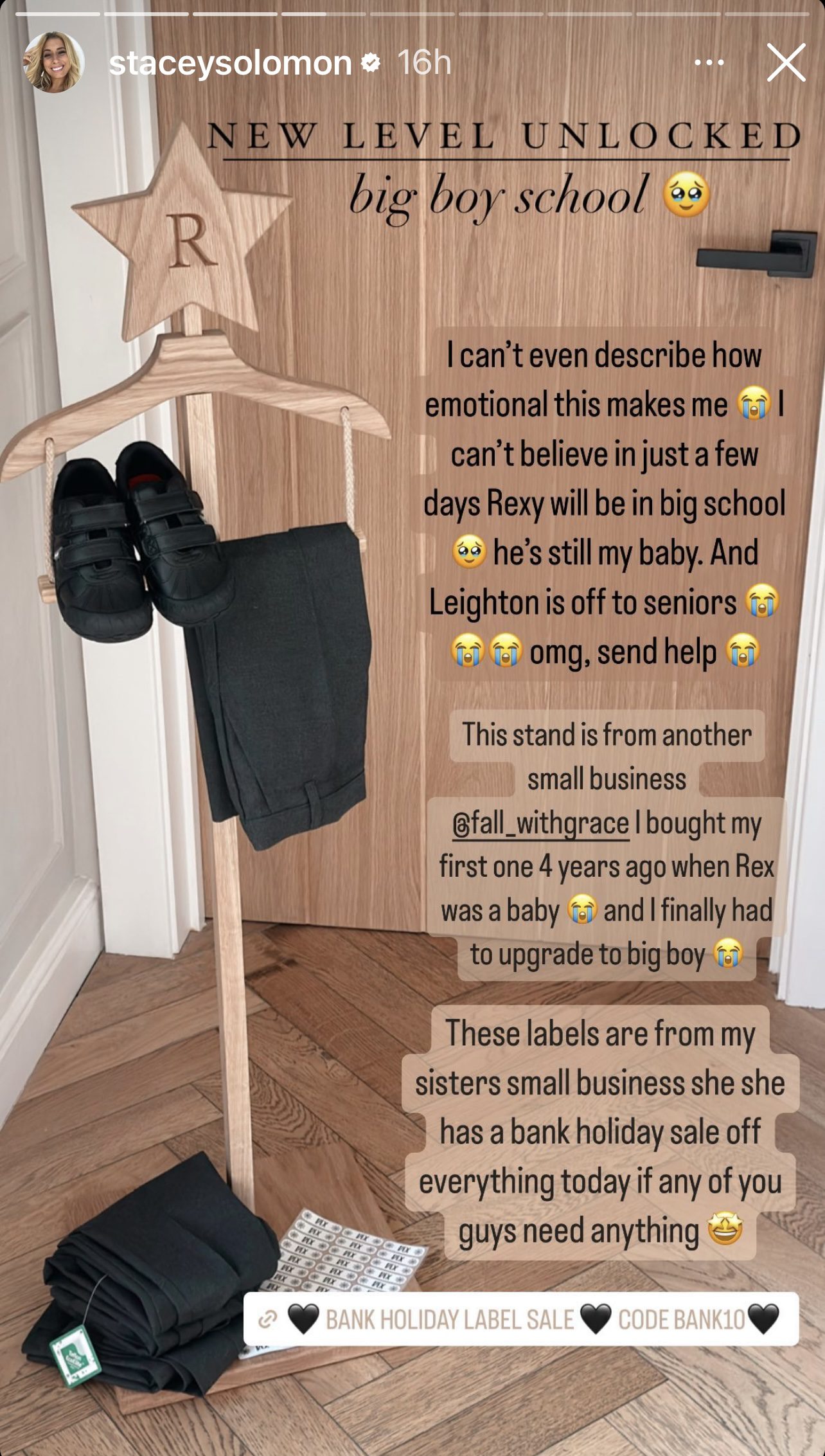 Stacey Solomon shares emotions over son Rex starting school on Instagram Stories