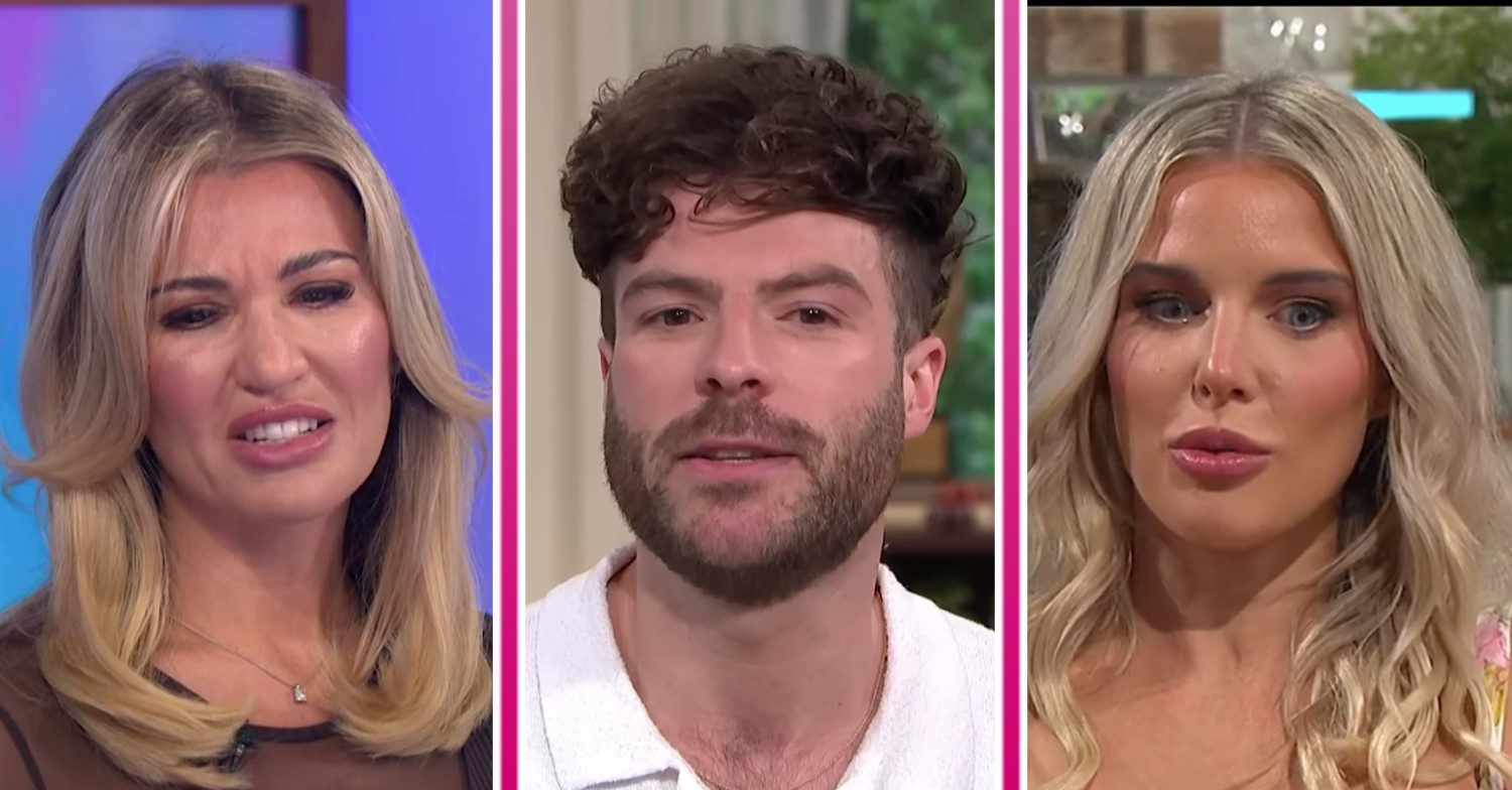 Christine, Jordan North and Helen Flanagan looking serious