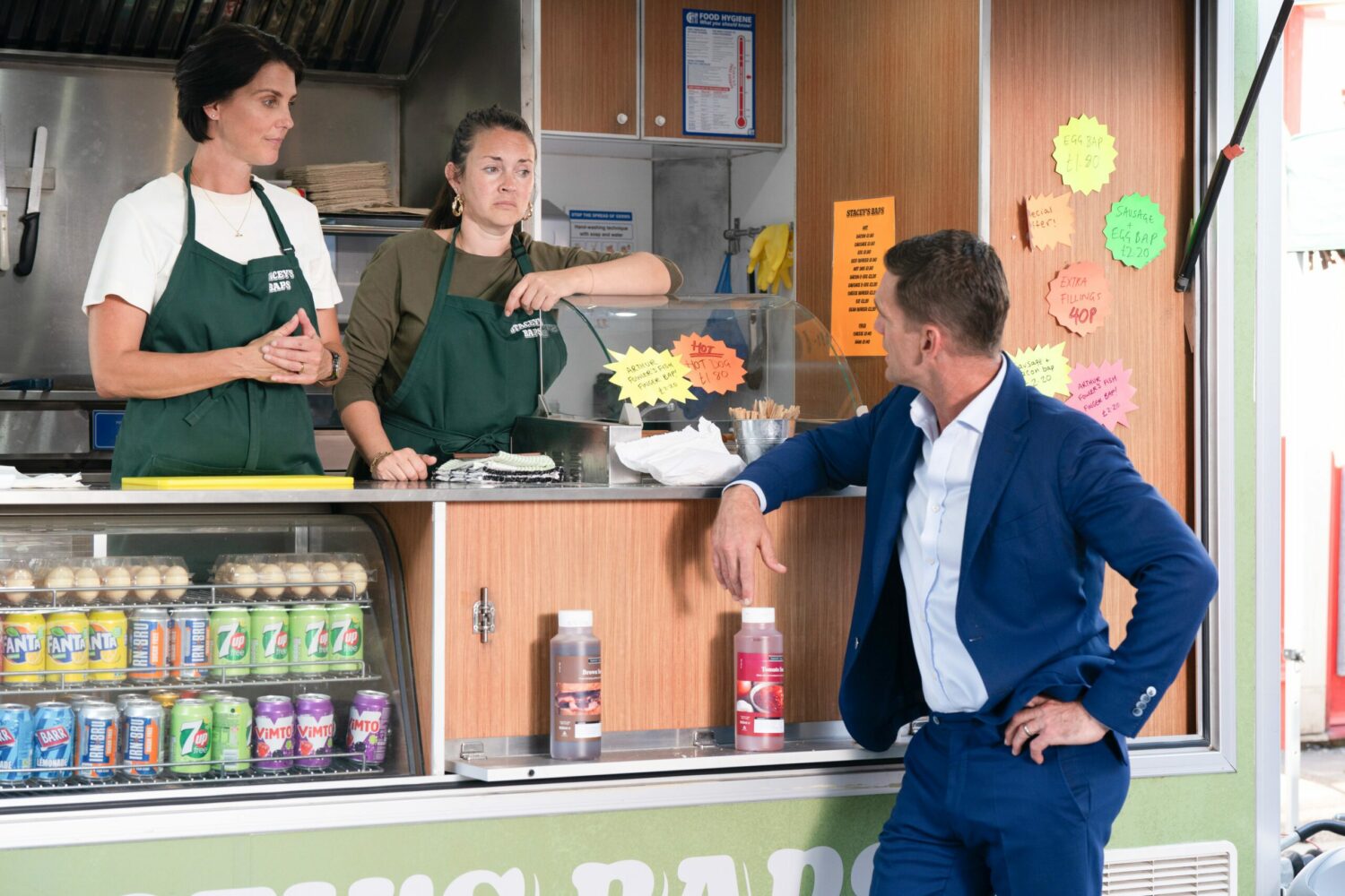 Stacey and Eve talk to Jack at Stacey's Baps