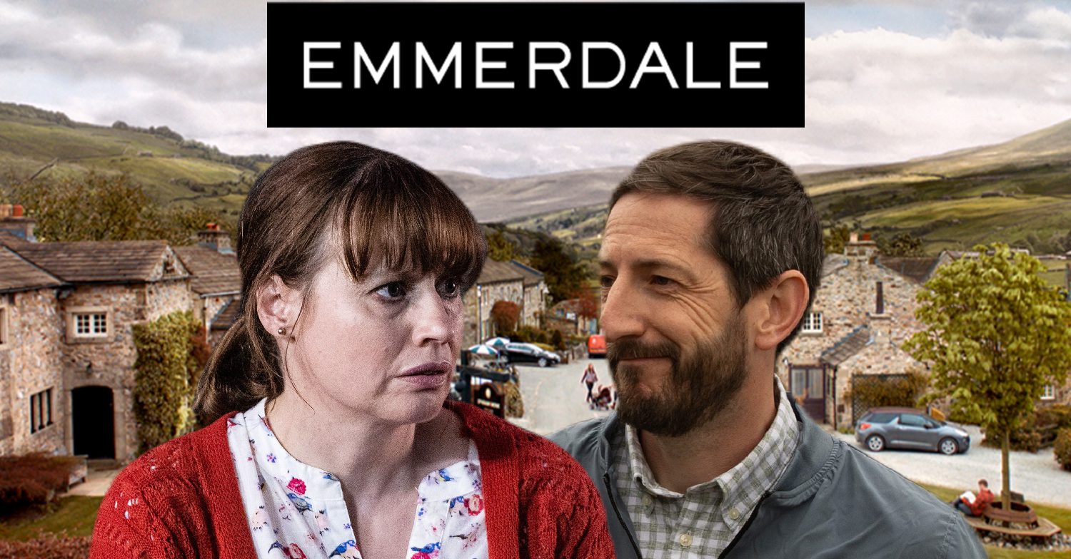 Emmerdale's Lydia, Craig, the Emmerdale logo and background of the Dales