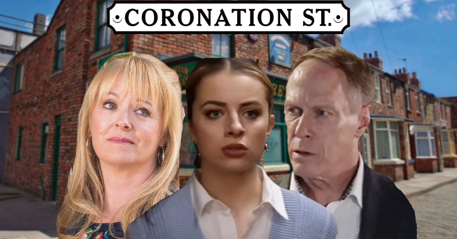 Coronation Street's Jenny, Daisy and Stephen, the Coronation Street logo and background of the Rovers