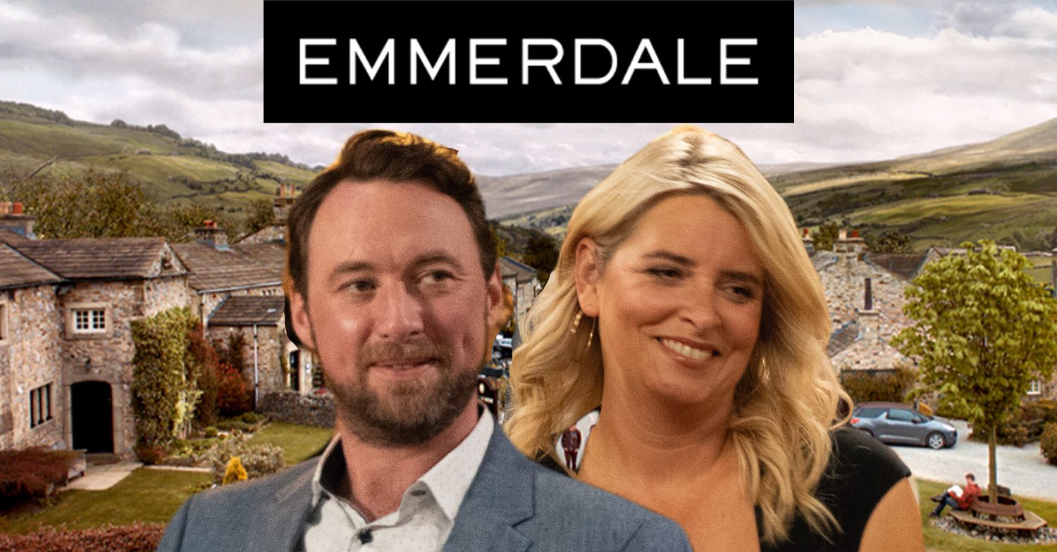 Emmerdale's Liam, Charity, the Emmerdale logo and background of the Dales