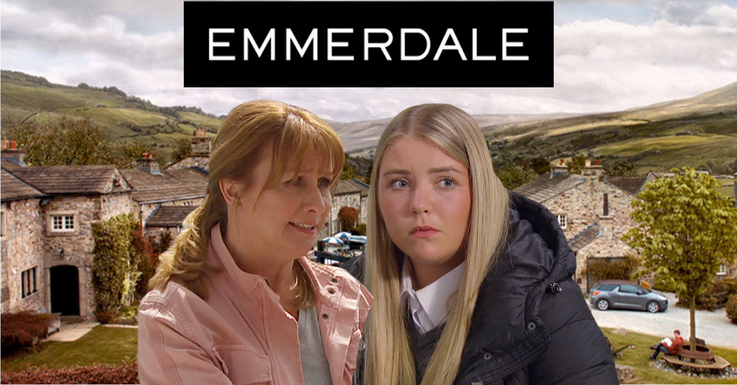 Emmerdale's Wendy, Cathy, the Emmerdale logo and background of the Dales