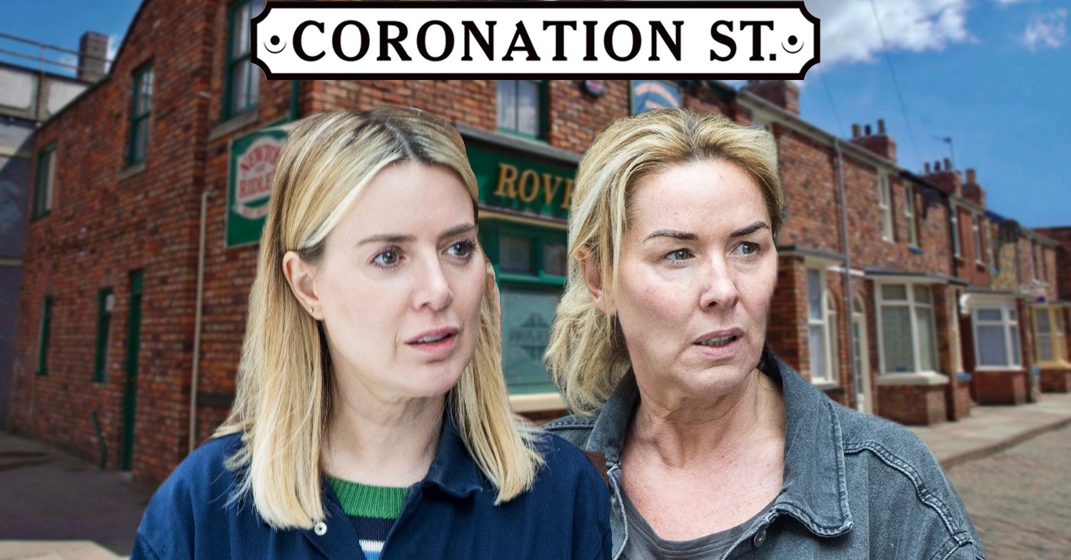 Coronation Street's Abi, Cassie, the Coronation Street logo and background of the Rovers
