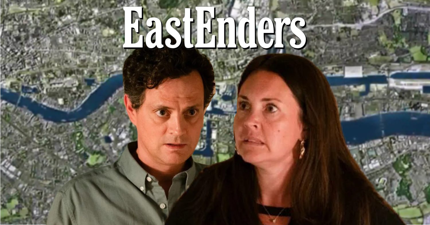 EastEnders' Theo, Stacey, the EastEnders logo and background of the Thames