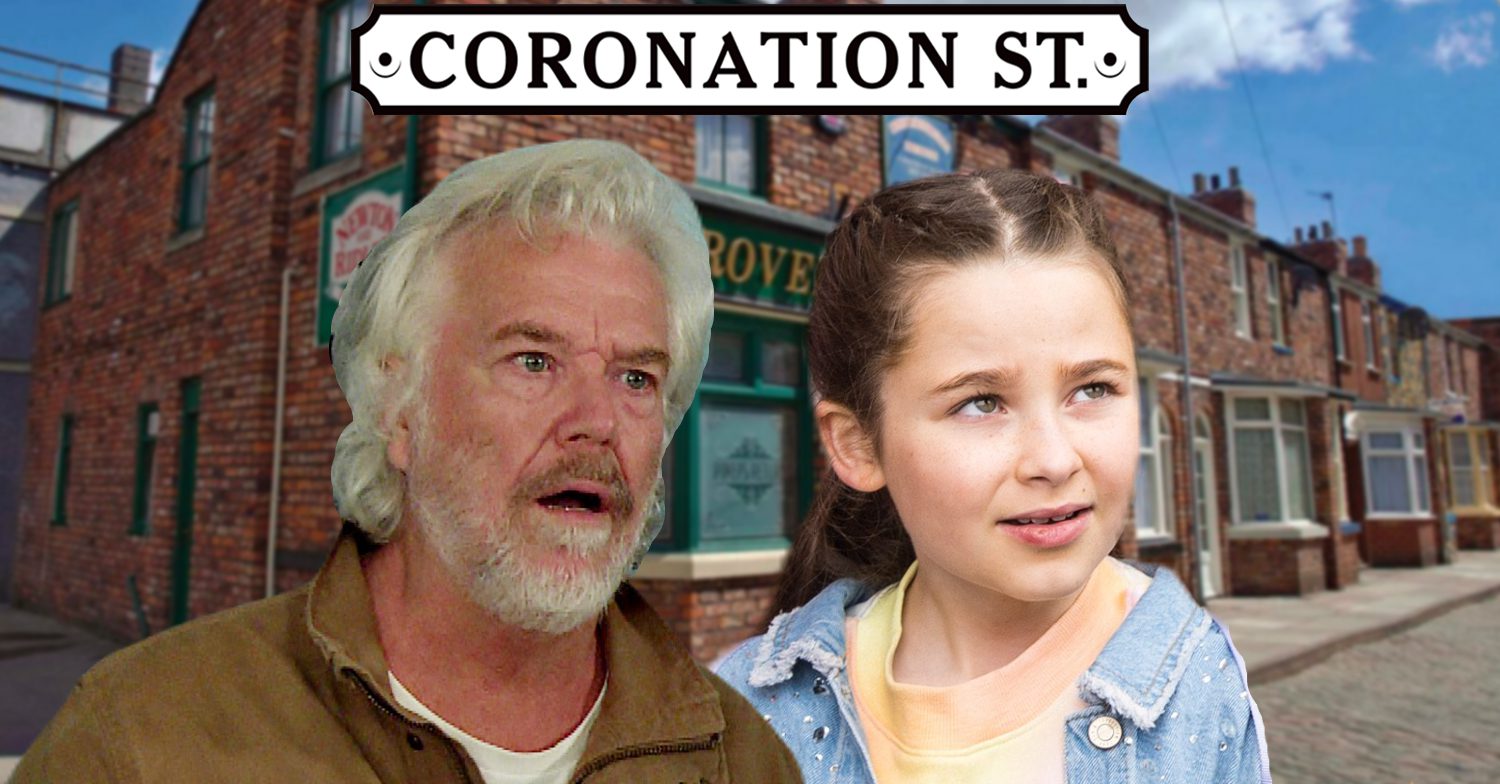 Coronation Street's Stu, Eliza, the Coronation Street logo and background of the Rovers