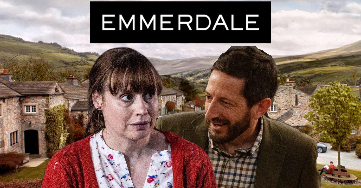 Emmerdale's Lydia, Craig, the Emmerdale logo and background of the Dales