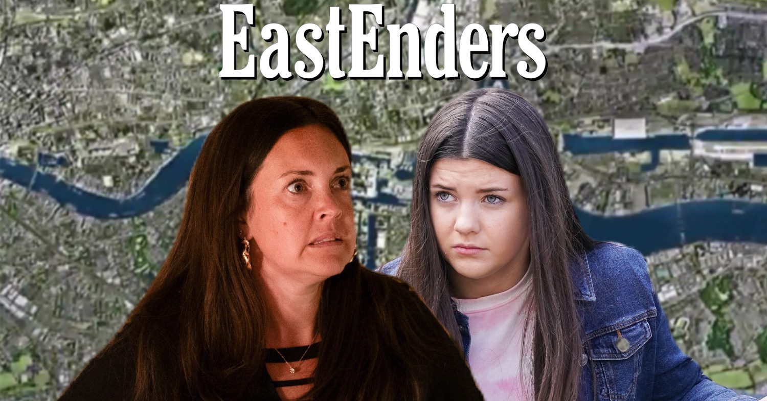 EastEnders' Stacey, Lily, the EastEnders logo and background of the Thames