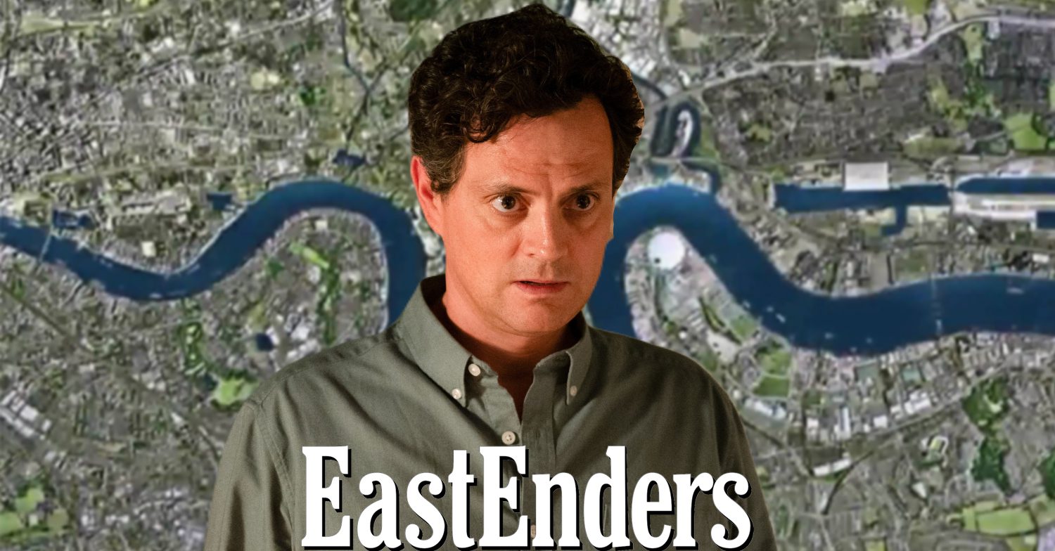 EastEnders' Theo, the EastEnders logo and the background of the Thames