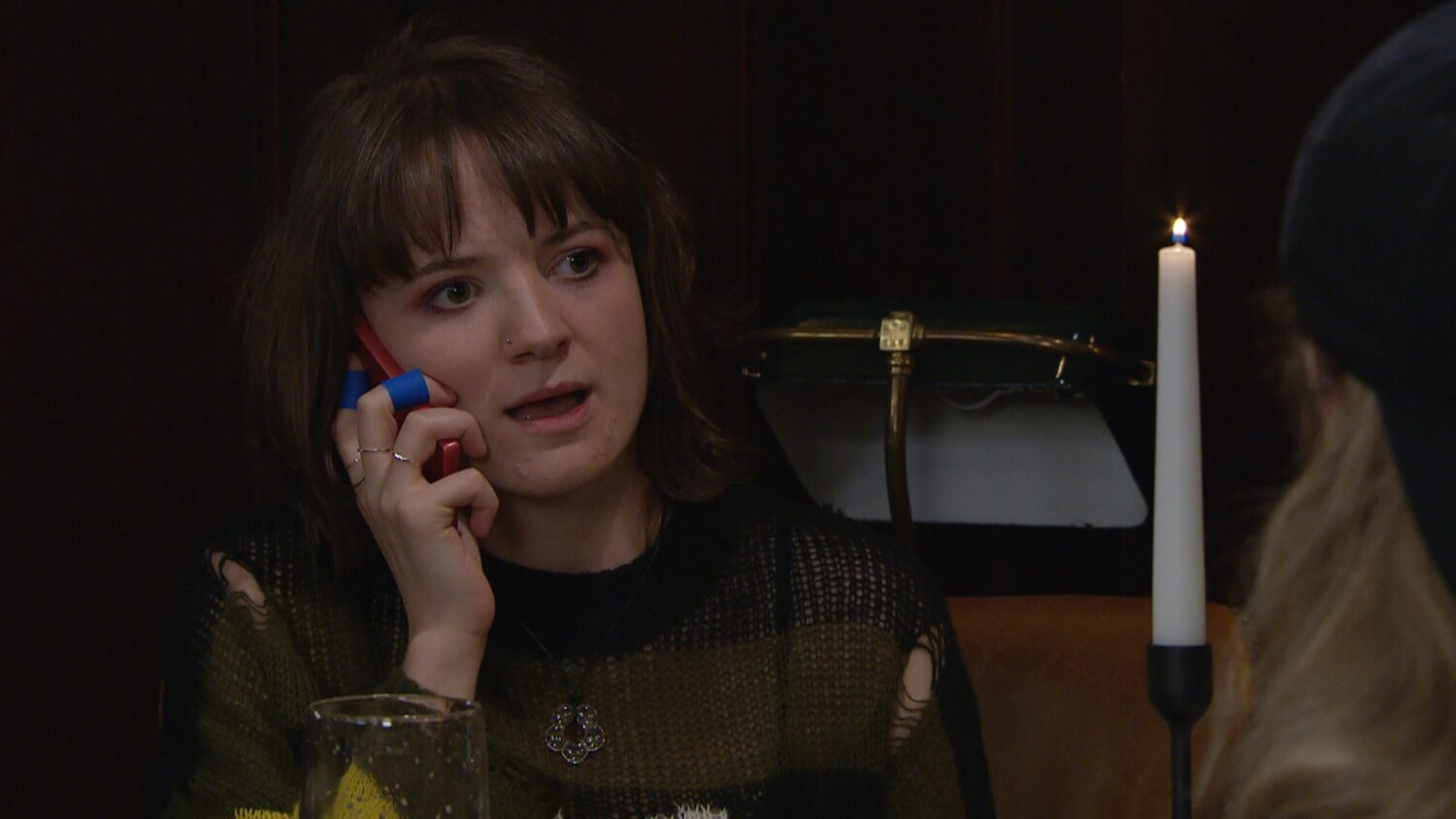 Emmerdale's Gail is shocked whilst on the phone