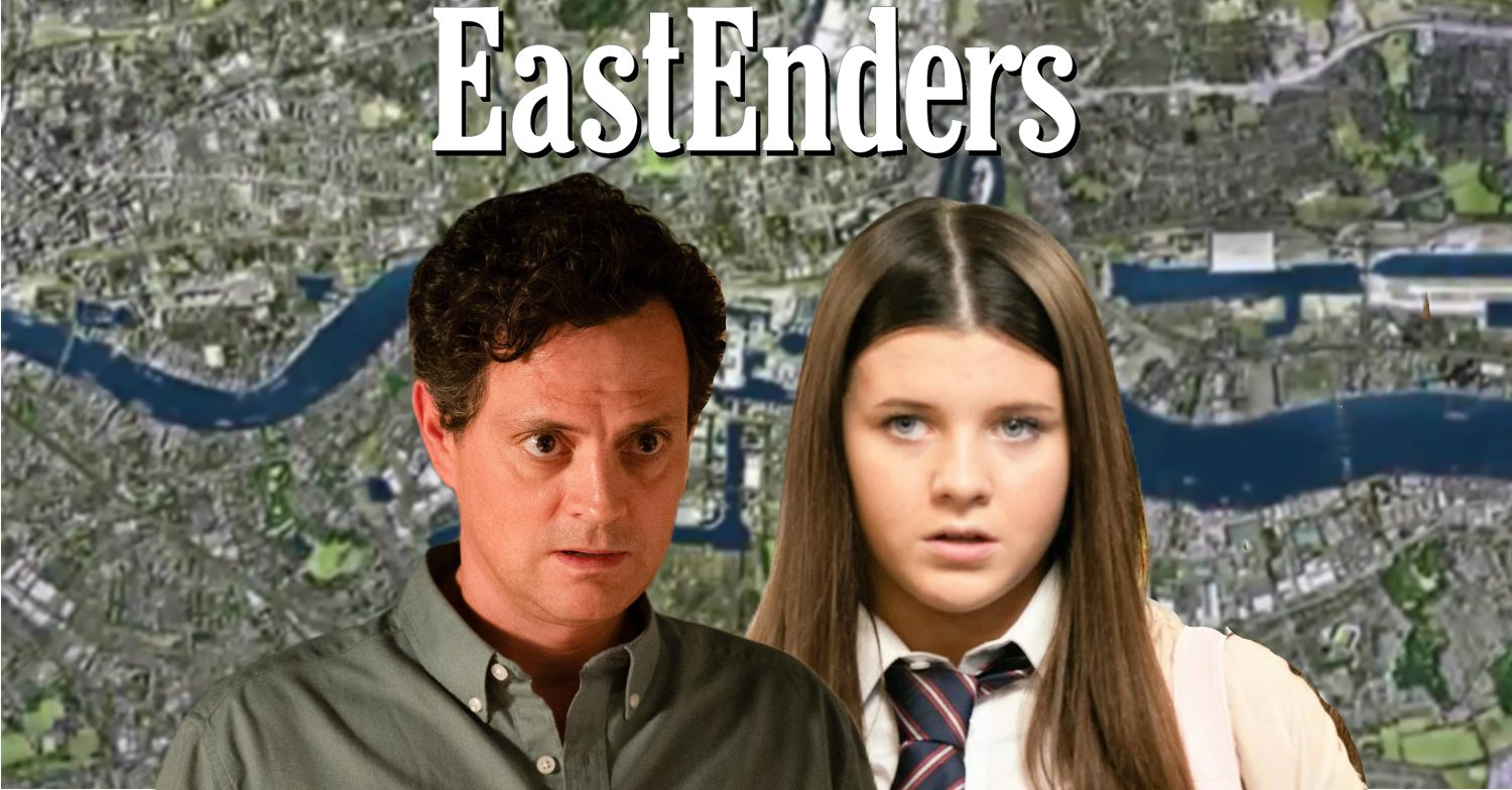 EastEnders' Theo, Lily, the EastEnders logo and background of the Thames