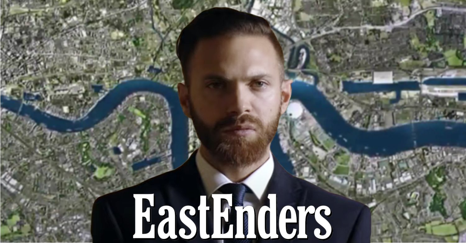 EastEnders' Dean, the EastEnders logo and background of the Thames