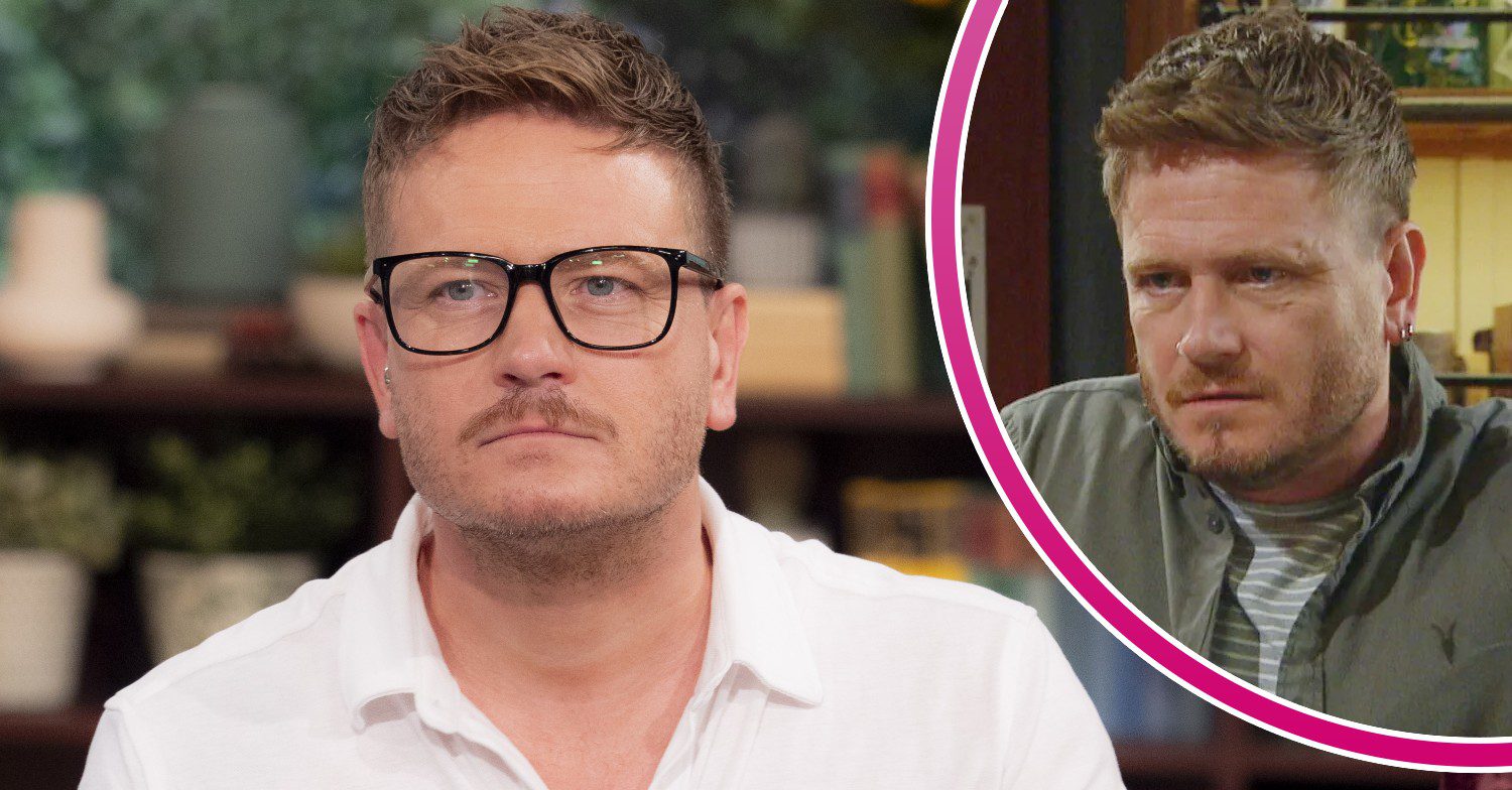 Emmerdale star Matthew Wolfenden looking serious on This Morning with comp image of David Metcalfe