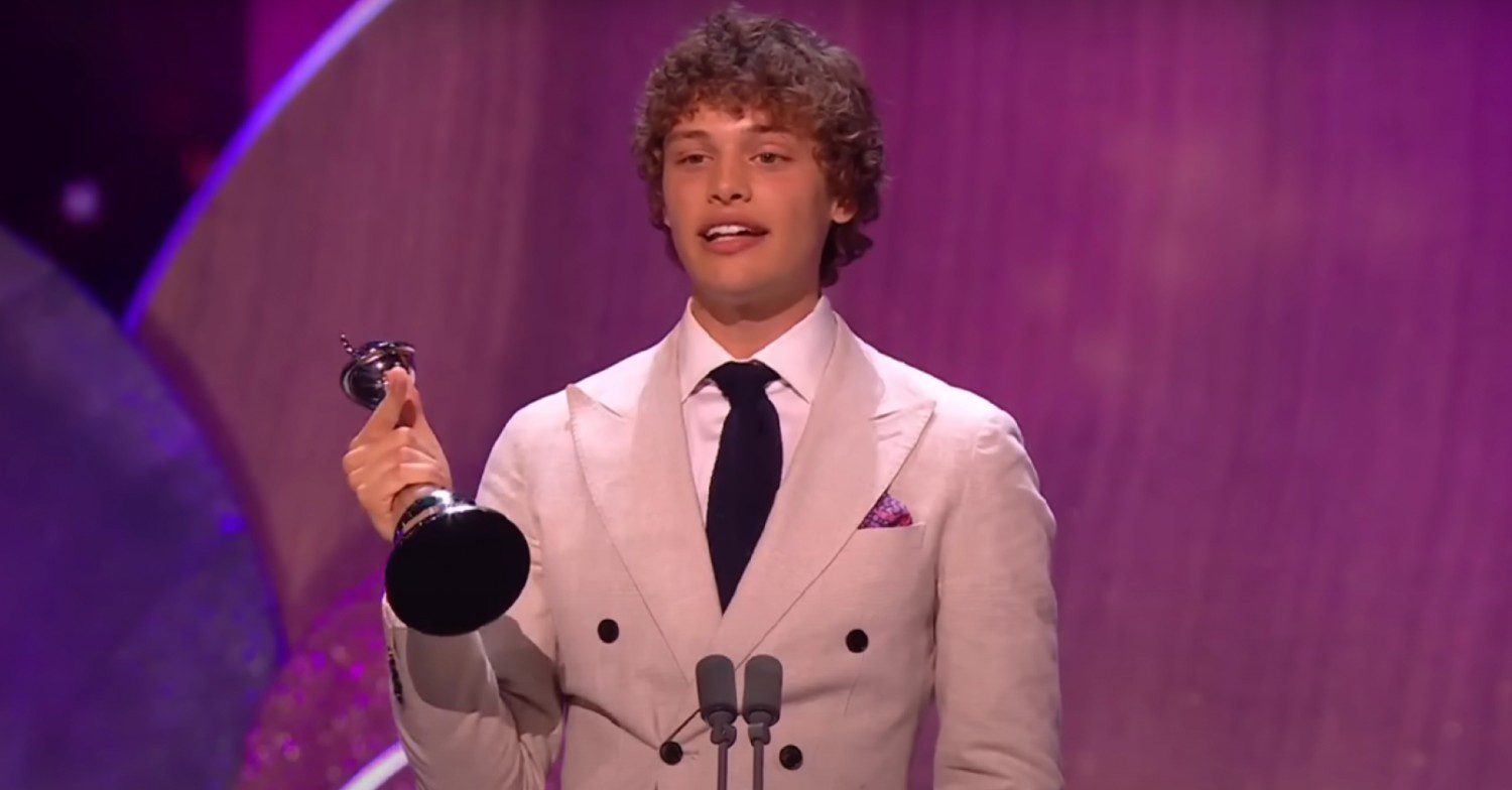 EastEnders actor Bobby Brazier accepting an award and talking at this year's National Television Awards