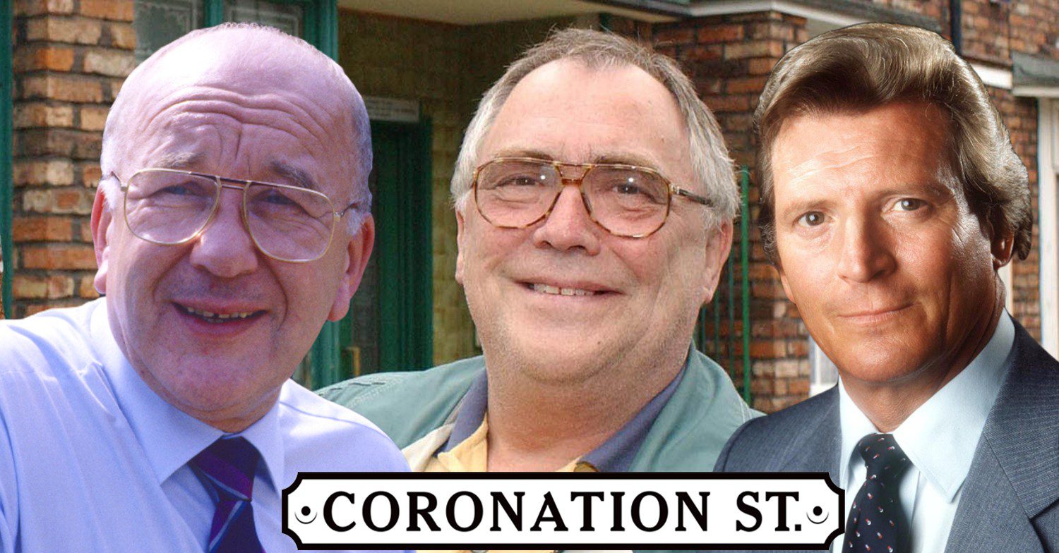 Coronation Street characters Alec Gilroy, Jack Duckworth and Mike Baldwin in comp image with Rovers Return background