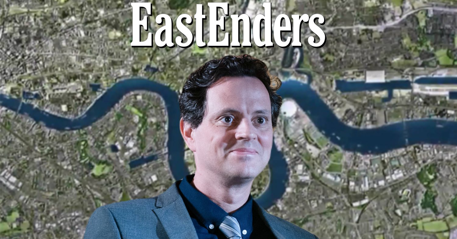 EastEnders' Theo, the EastEnders logo and background of the Thames
