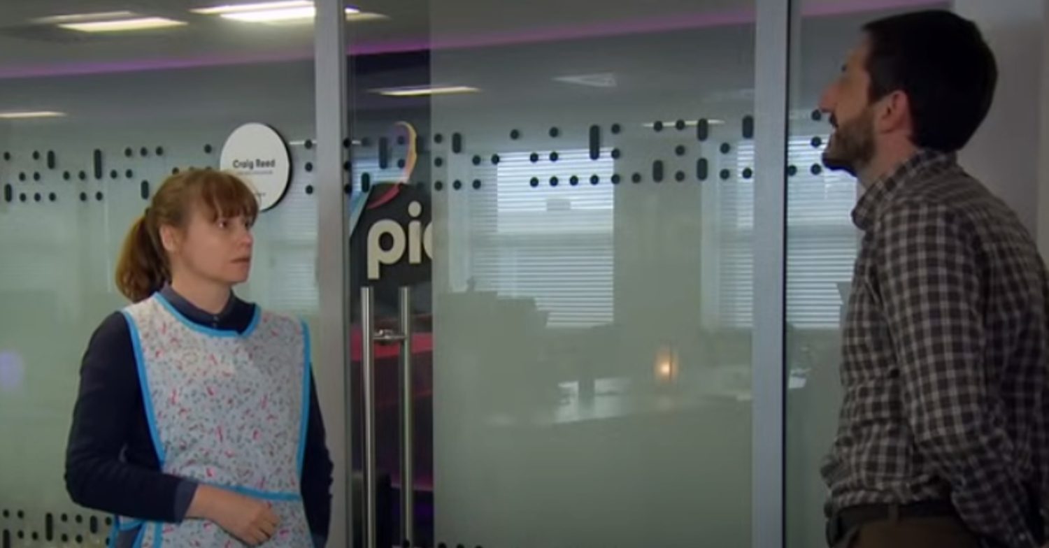 Emmerdale's Lydia and Craig are talking at work