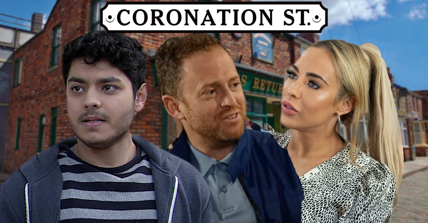 Coronation Street's Aadi, Darren and Courtney, the Coronation Street logon and background of the Rovers